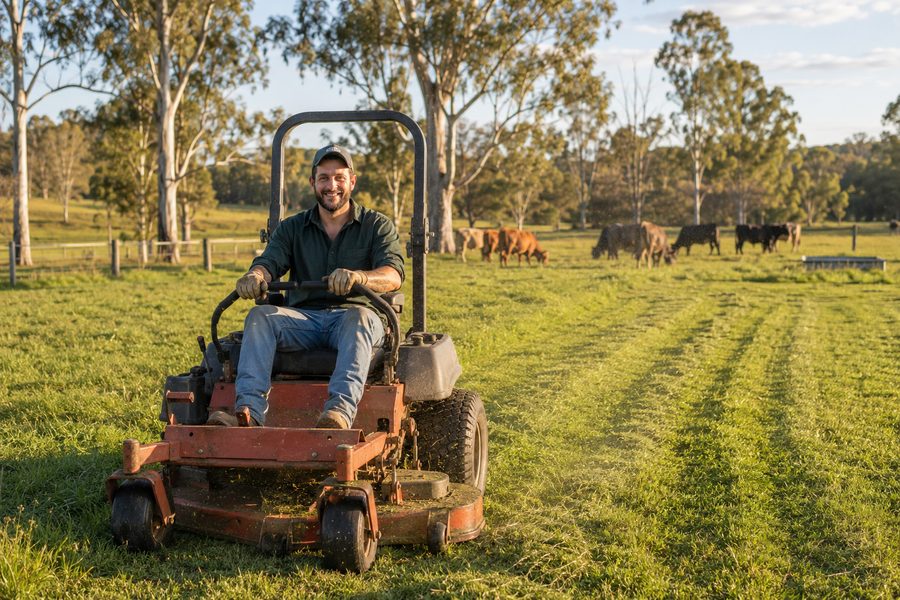 Diego mowing acreage on a ride-on with cattle grazing behind