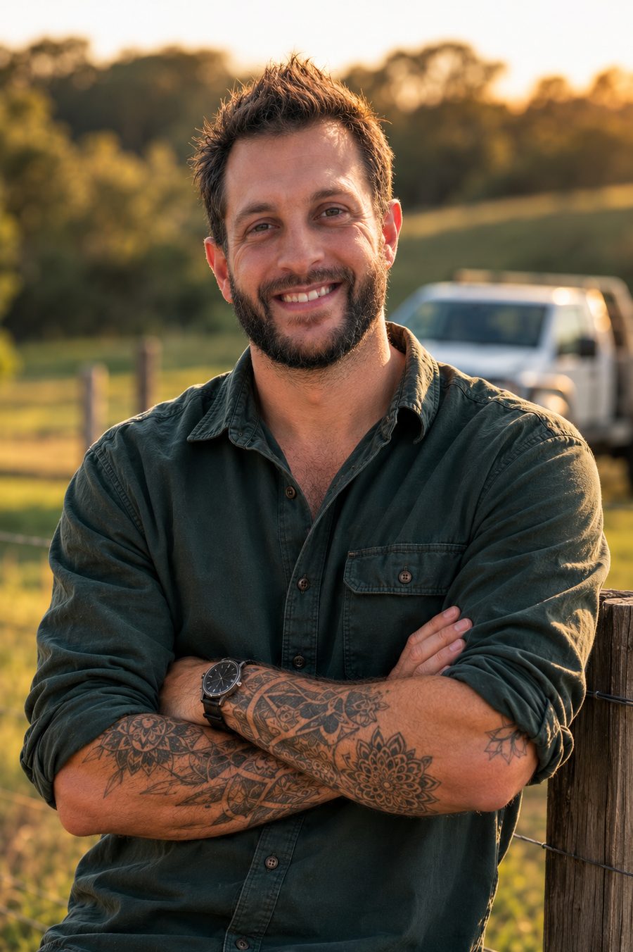 Diego, owner of Trusted Hands Services, on a rural Queensland property at golden hour