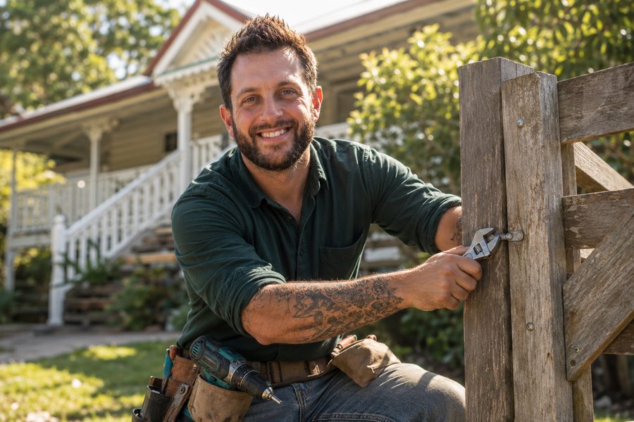 Diego fixing a timber gate with a spanner, drill on his tool belt