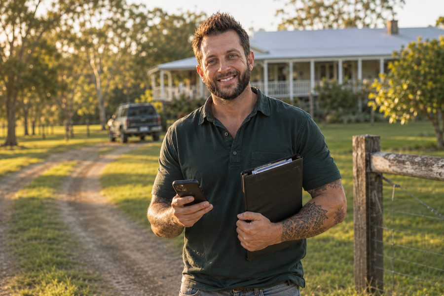 Diego with phone and clipboard checking on a Queensland property